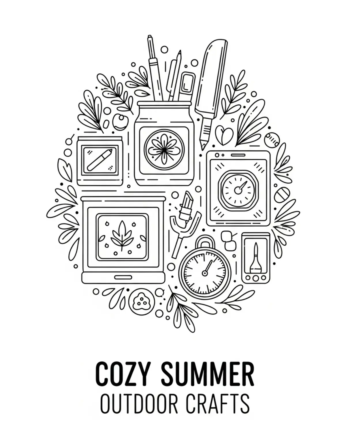 Free printable coloring page: cozy summer outdoor crafts coloring page. Cute and cozy summer design for kids and adults to download and print.