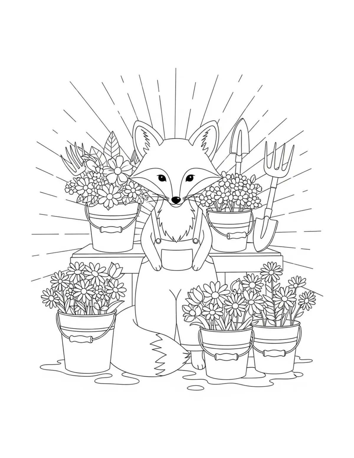 Free printable coloring page: cute fox florist shop flower coloring page. Cute design for kids and adults.