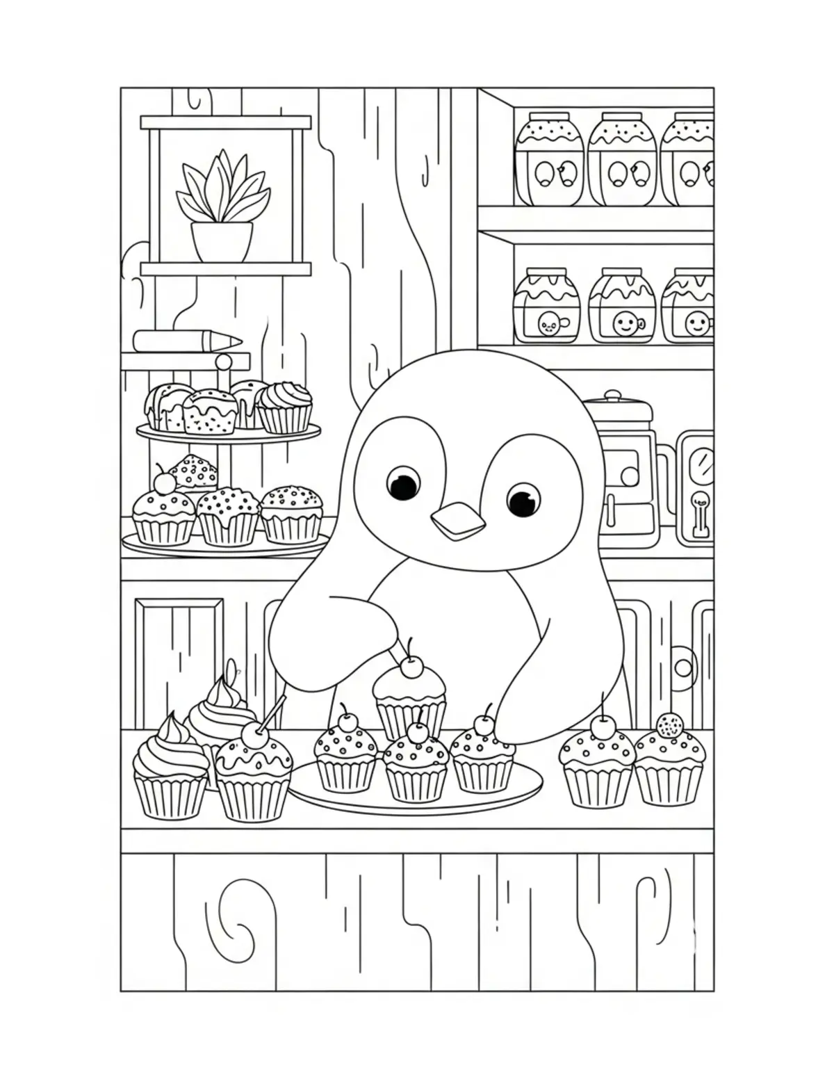 Cute Penguin Bakery — free printable cozy coloring coloring page for kids and adults