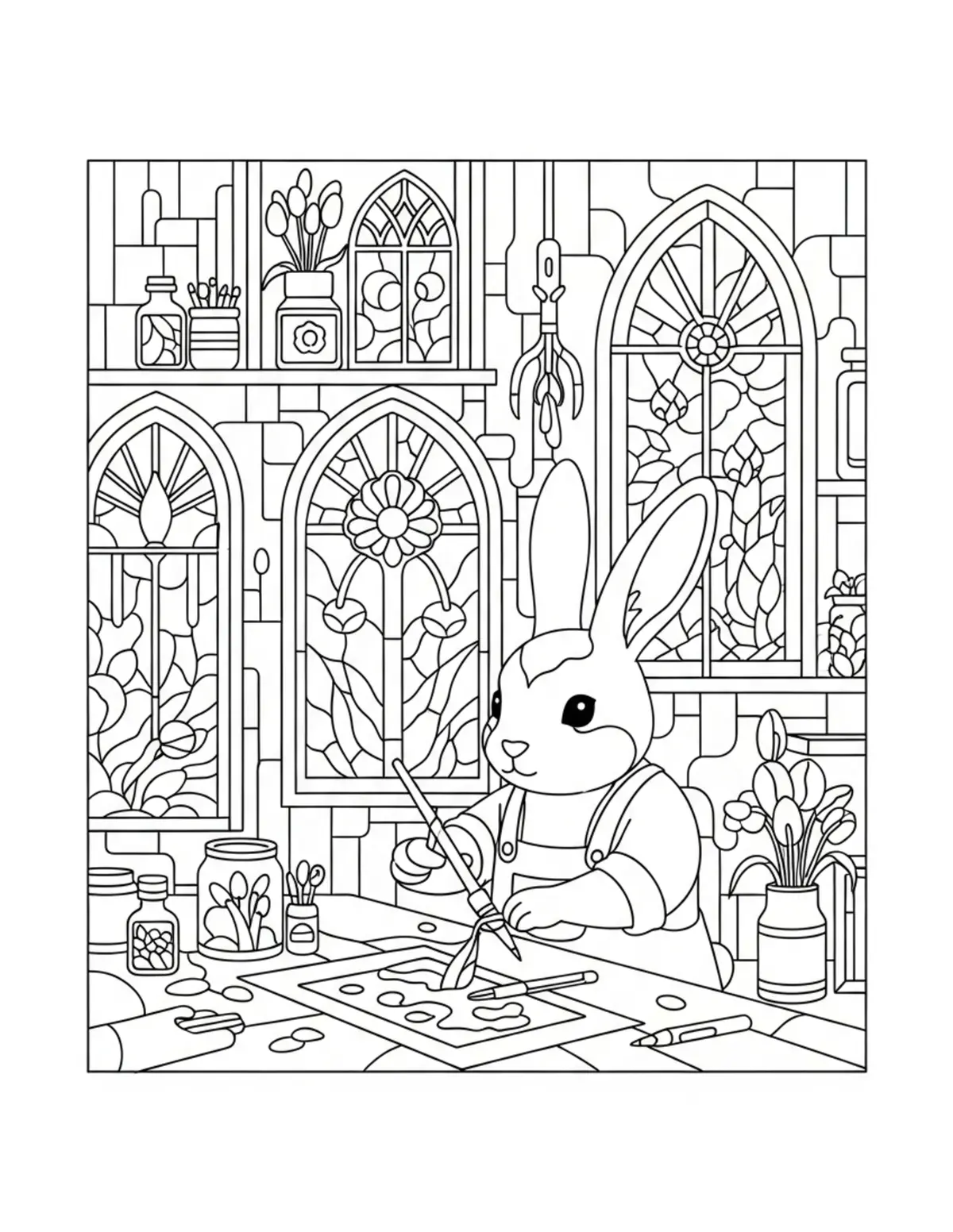 Free printable coloring page: cute rabbit creating stained g coloring page. Cute and cozy tiny animal design for kids and adults to download and print.