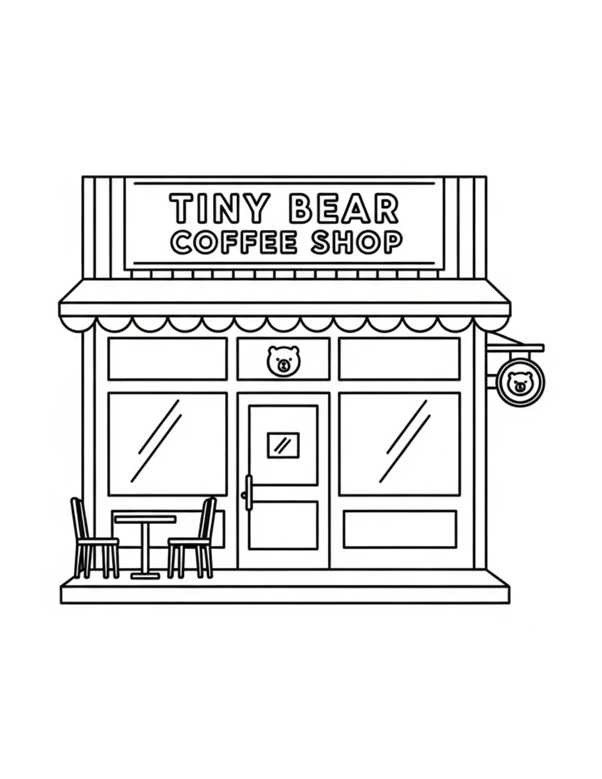 Free printable coloring page: tiny bear coffee shop coloring page. Cute and cozy design for kids and adults to download and print.