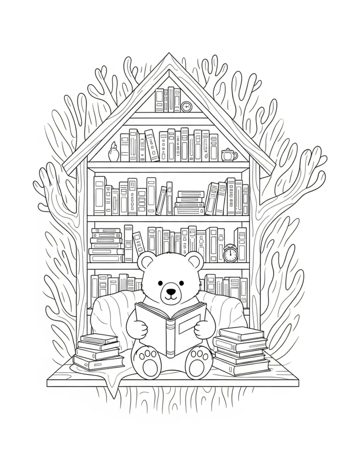 Free printable coloring page: tiny-bear-reading-books-in-a-c coloring page. Cute and cozy design for kids and adults to download and print.