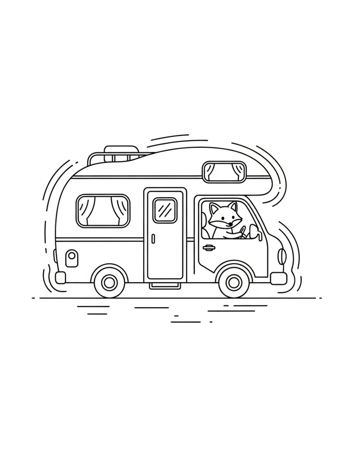 Free printable coloring page: tiny-fox-driving-a-cozy-camper coloring page. Cute and cozy design for kids and adults to download and print.