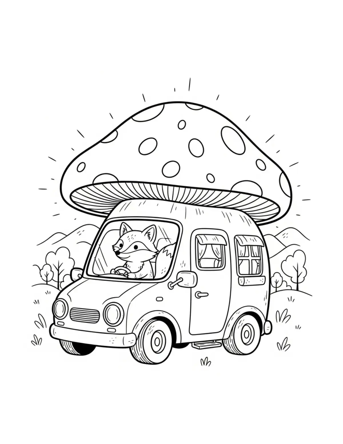 Free printable coloring page: tiny-fox-driving-a-mushroom-ca coloring page. Cute and cozy design for kids and adults to download and print.