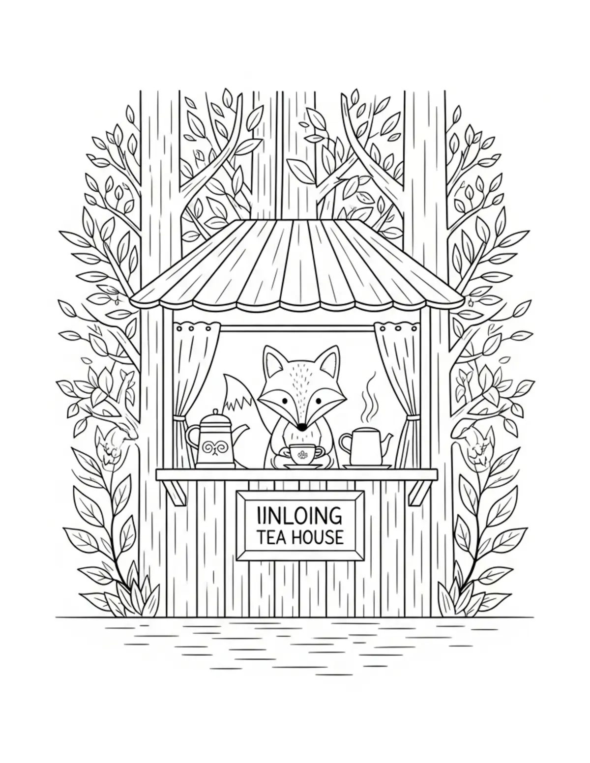Free printable coloring page: tiny-fox-operating-a-forest-te coloring page. Cute and cozy design for kids and adults to download and print.