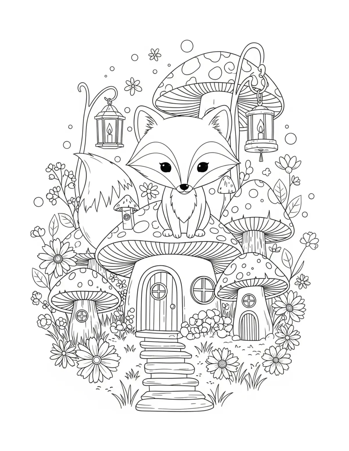 Free printable coloring page: fox cottage village mush coloring page. Cute and cozy design for kids and adults to download and print.