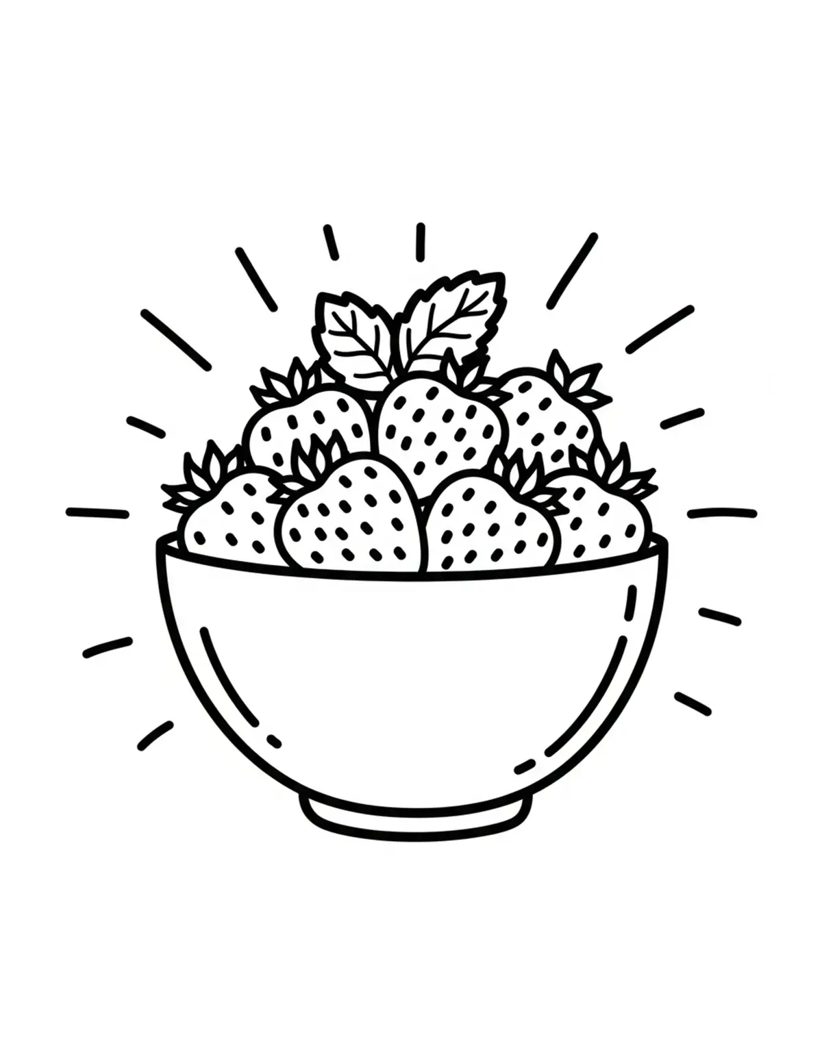 Free printable coloring page: bold-easy-strawberry-bowl coloring page. Cute and cozy design for kids and adults to download and print.
