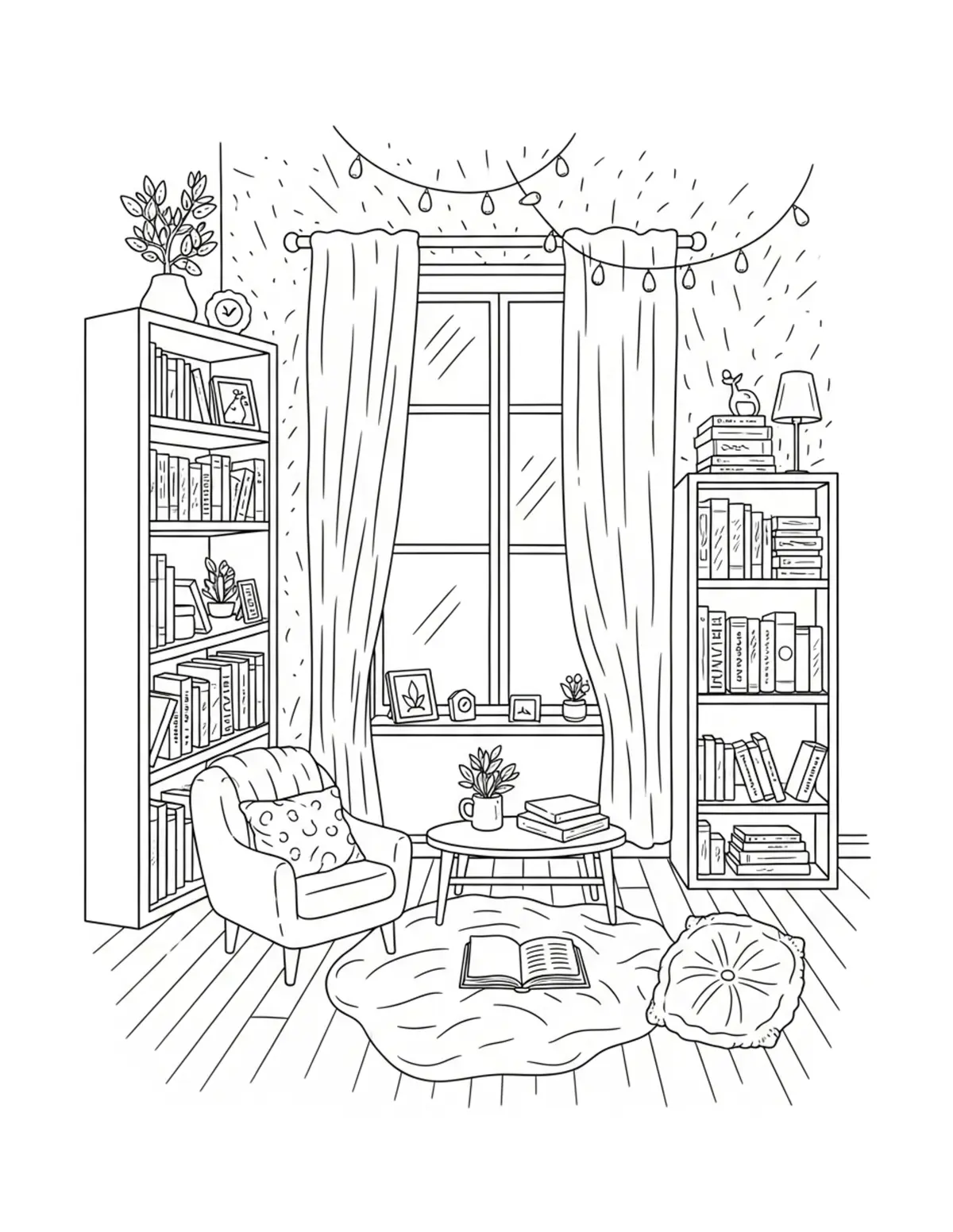 Free printable coloring page: cozy fairy light reading room coloring page. Cute and cozy design for kids and adults to download and print.