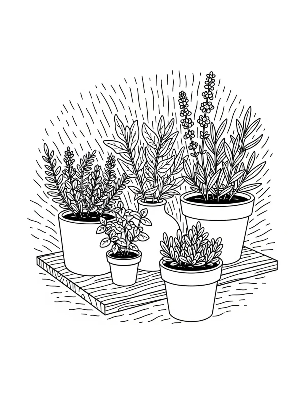 Free printable coloring page: cozy garden herb corner coloring page. Cute and cozy summer design for kids and adults to download and print.