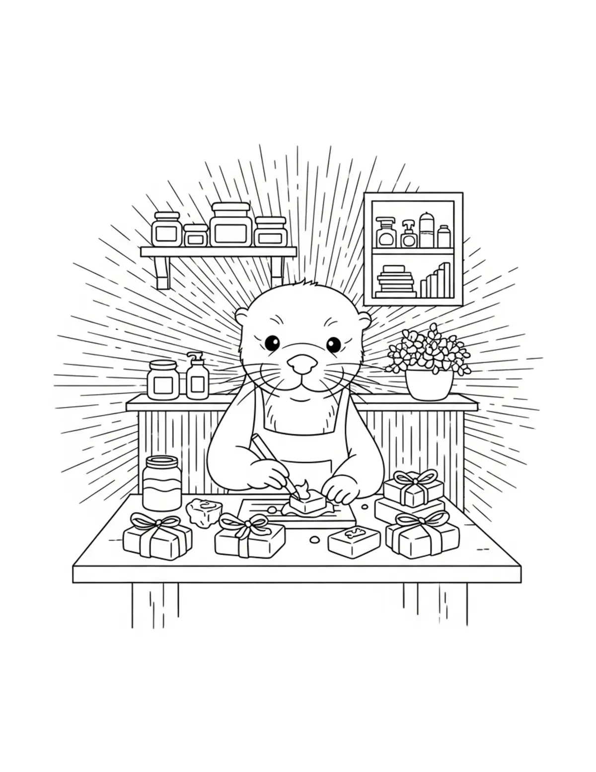 Free printable coloring page: little otter crafting handmade coloring page. Cute and cozy tiny animal design for kids and adults to download and print.