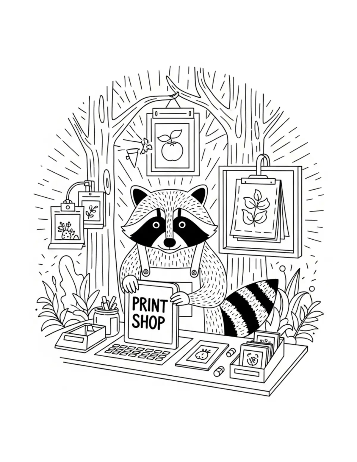 Raccoon Operating a Forest Pri Coloring Page - free printable JPG featuring adorable woodland animals