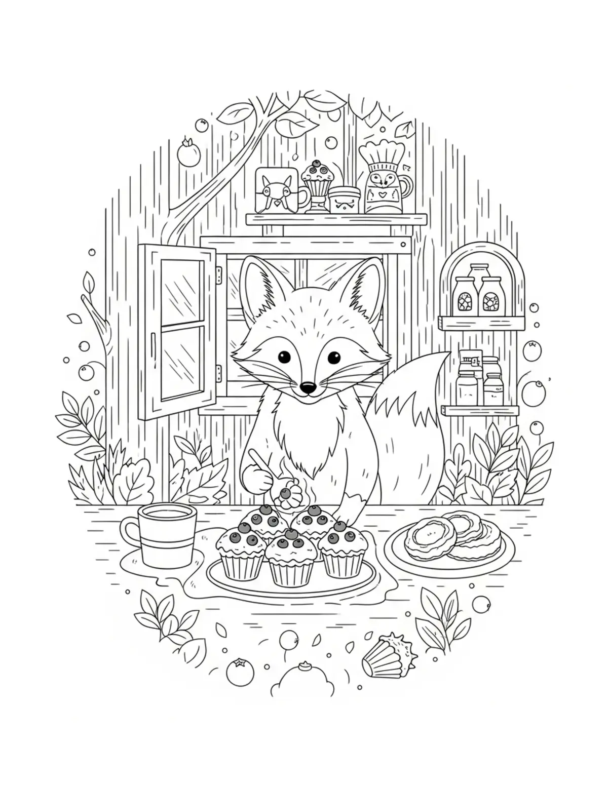 Free printable coloring page: tiny-fox-baking-blueberry-muff coloring page. Cute and cozy design for kids and adults to download and print.