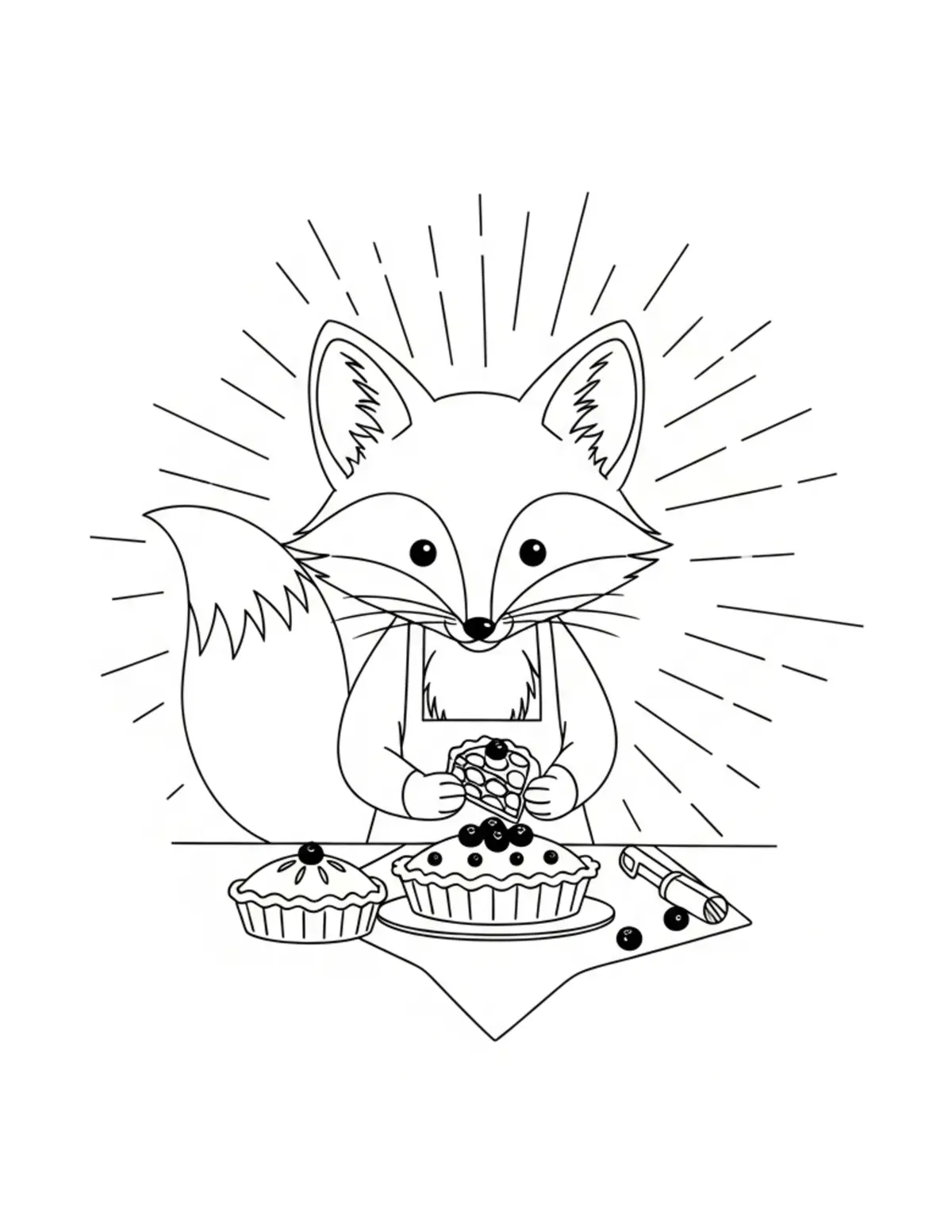 Free printable coloring page: tiny-fox-baking-blueberry-pies coloring page. Cute and cozy design for kids and adults to download and print.