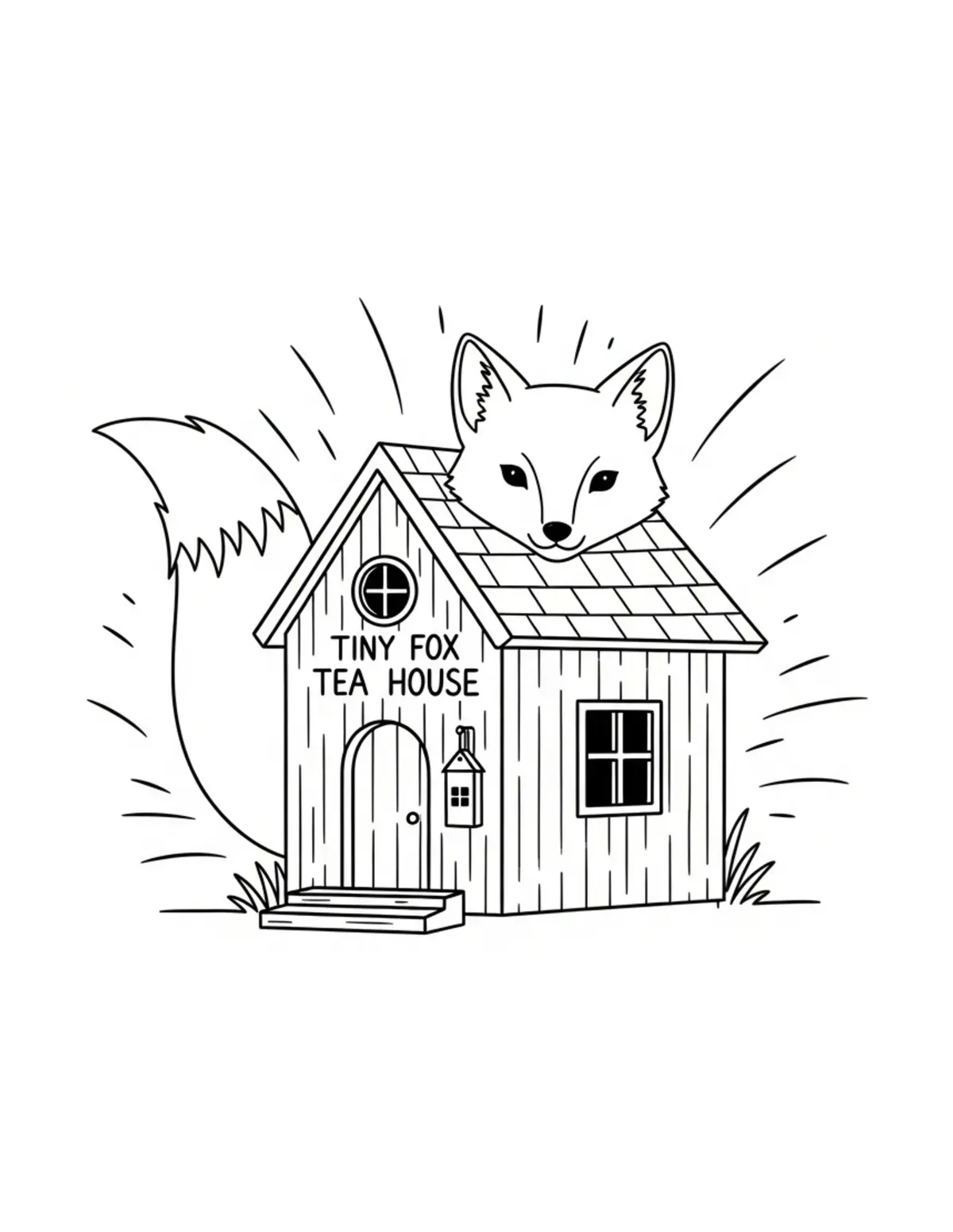 Free printable coloring page: tiny fox tea house coloring page. Cute and cozy design for kids and adults to download and print.