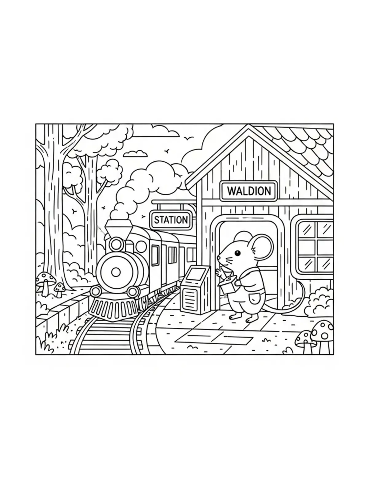 Free printable coloring page: tiny-mouse-operating-a-cozy-wo coloring page. Cute and cozy design for kids and adults to download and print.