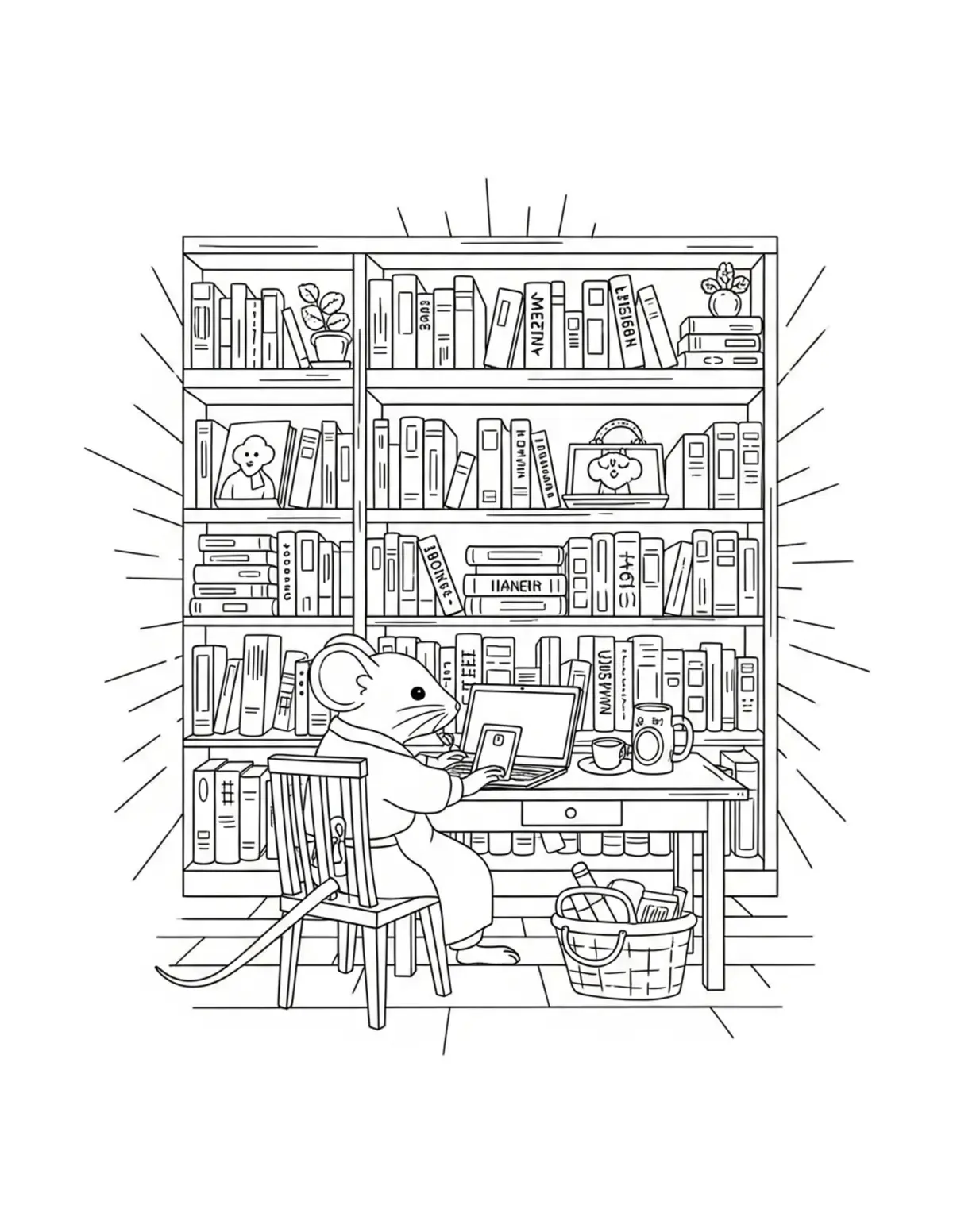 Free printable coloring page: tiny-mouse-working-in-a-cozy-b coloring page. Cute and cozy design for kids and adults to download and print.