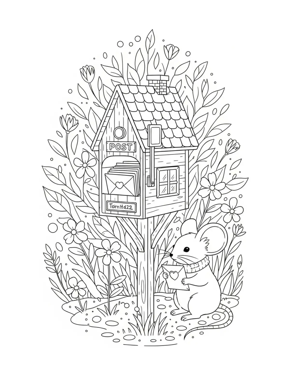 Free printable coloring page: tiny mouse post office village coloring page. Cute design for kids and adults.