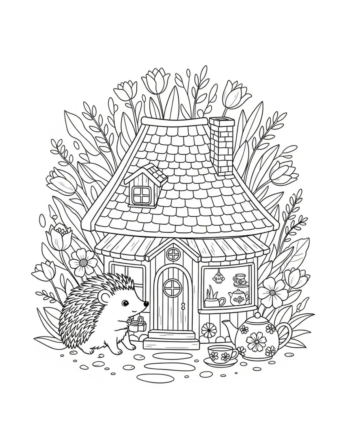 Free printable coloring page: hedgehog tea house villag coloring page. Cute and cozy design for kids and adults to download and print.