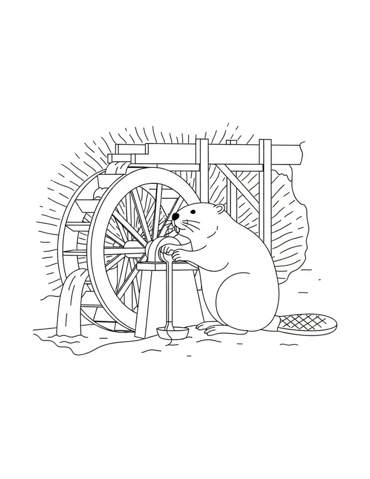Beaver Repairing a Woodland Wa Coloring Page - free printable JPG featuring adorable woodland animals