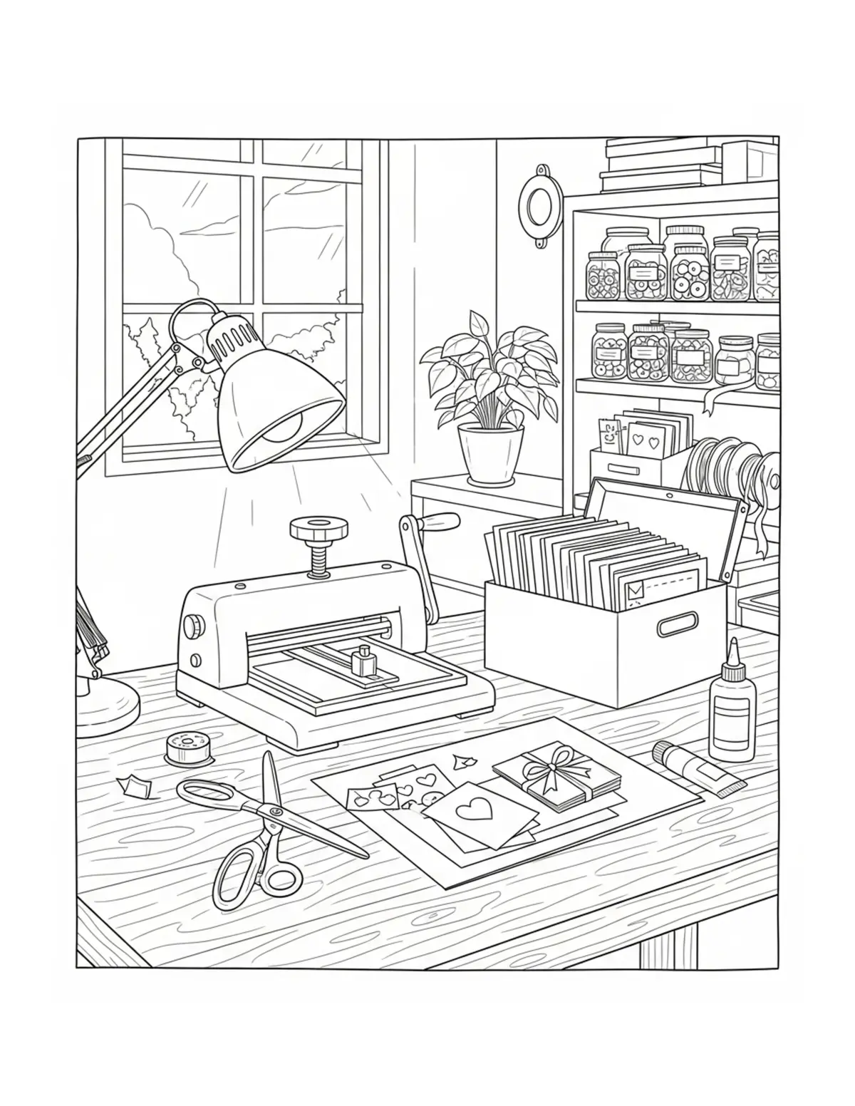 Free printable coloring page: cozy handmade card studio coloring page. Cute and cozy design for kids and adults to download and print.