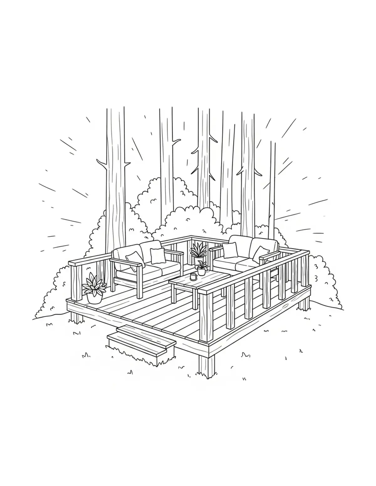 Free printable coloring page: cozy summer forest cabin deck coloring page. Cute and cozy summer design for kids and adults to download and print.