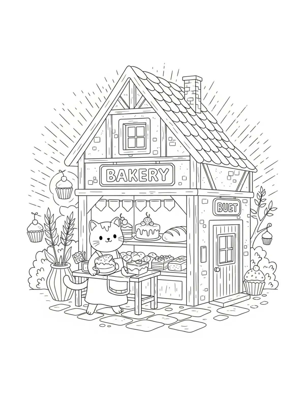 Free printable coloring page: cute cat running a tiny bakery coloring page. Cute design for kids and adults.