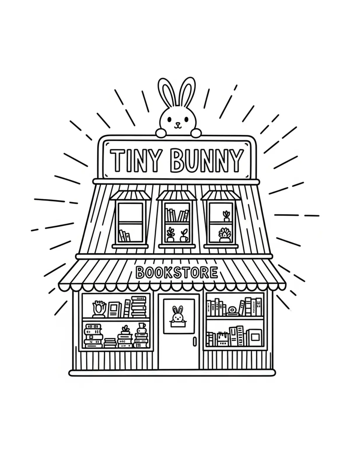 Free printable coloring page: tiny bunny bookstore coloring page. Cute and cozy design for kids and adults to download and print.