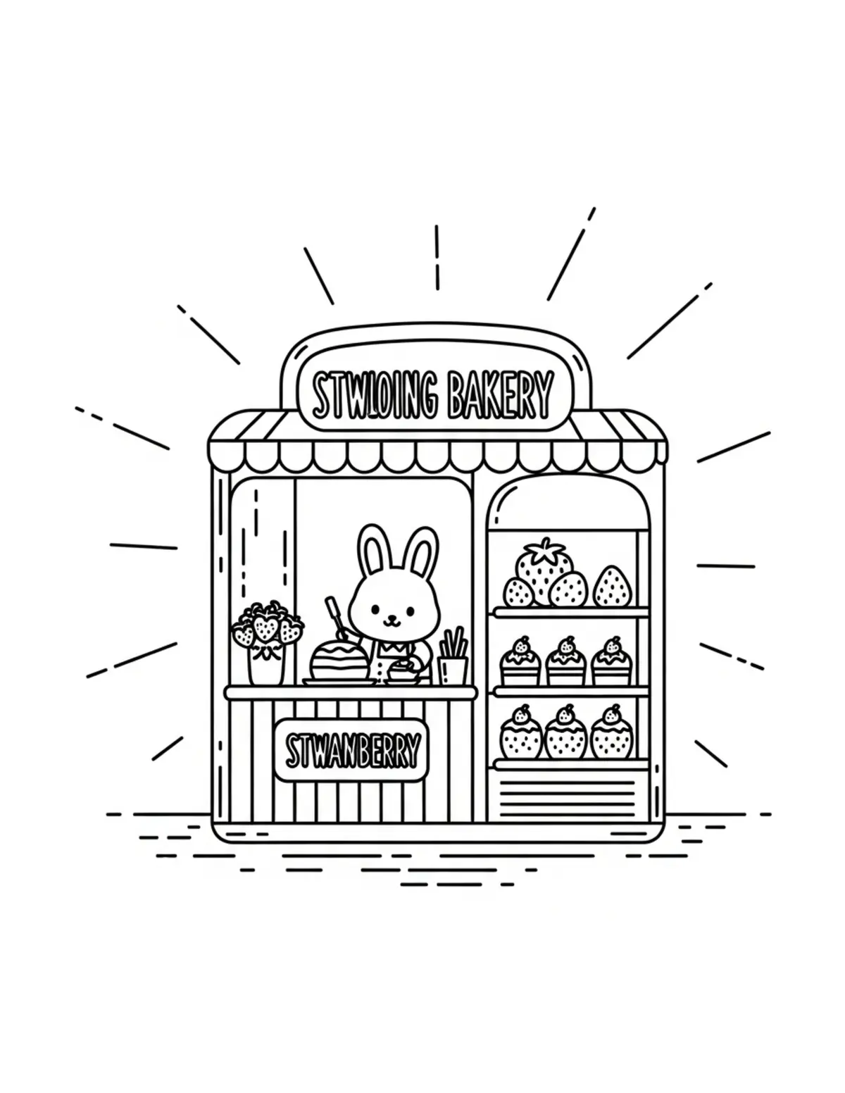 Free printable coloring page: tiny-bunny-managing-a-strawber coloring page. Cute and cozy design for kids and adults to download and print.