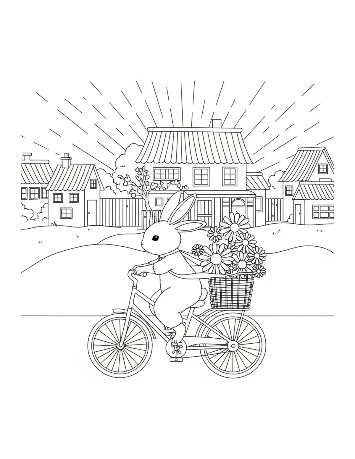 Free printable coloring page: tiny-bunny-riding-a-daisy-bicy coloring page. Cute and cozy design for kids and adults to download and print.