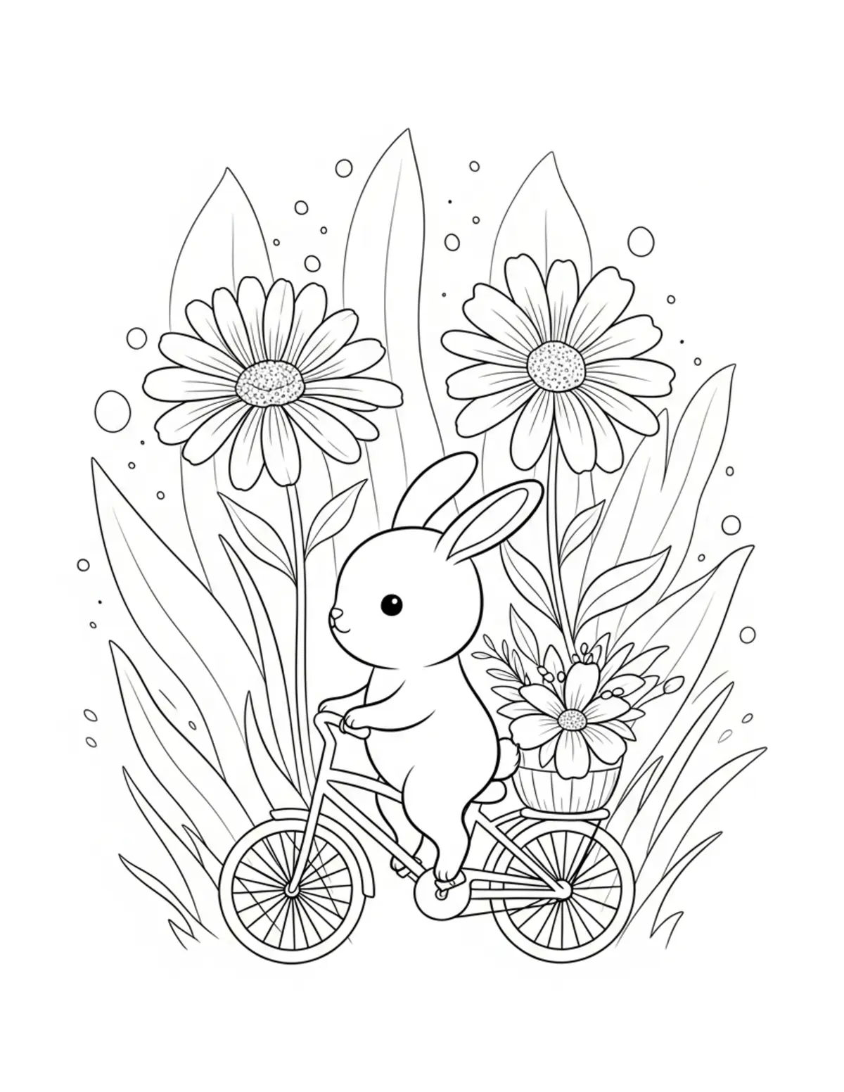 Free printable coloring page: tiny-bunny-riding-a-flower-bic coloring page. Cute and cozy design for kids and adults to download and print.