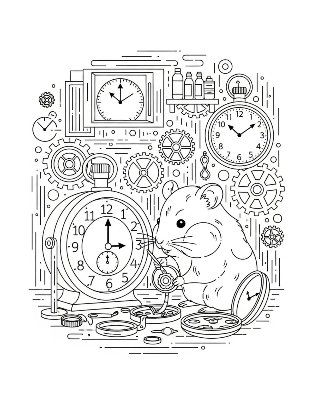 Free printable coloring page: tiny hamster repairing vintage coloring page. Cute and cozy tiny animal design for kids and adults to download and print.