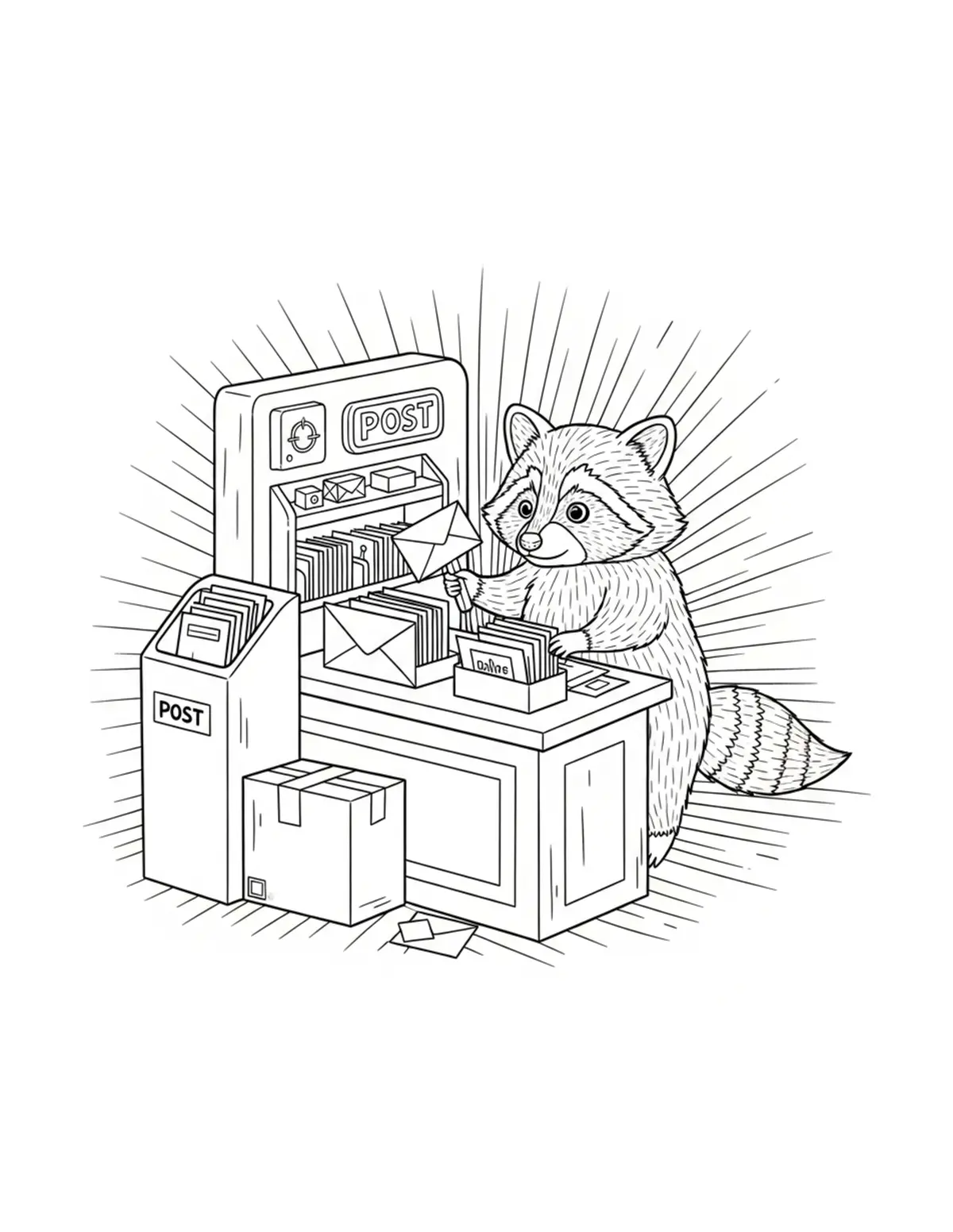 Tiny Raccoon Operating A Minia coloring page - free printable JPG featuring adorable woodland animals