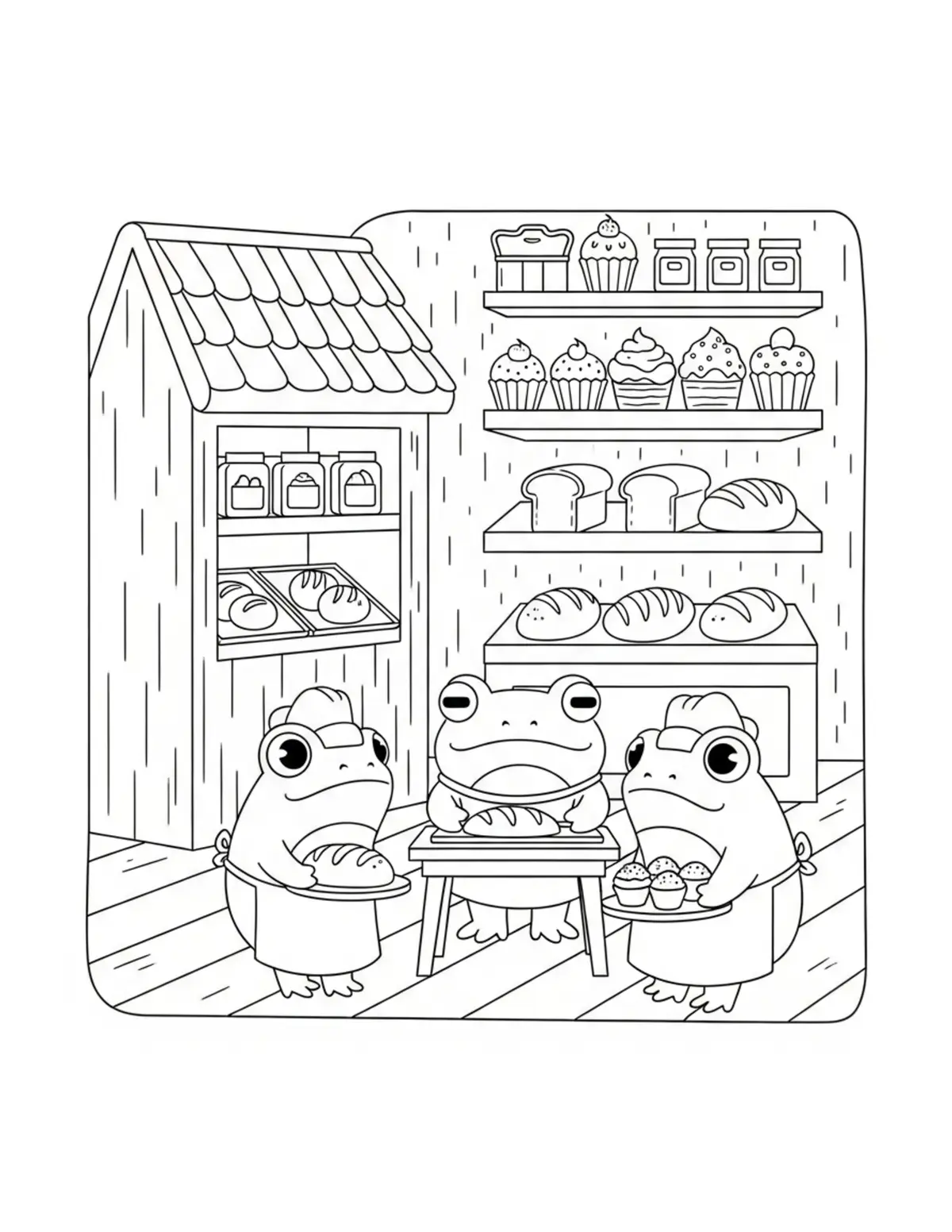 Free printable coloring page: frog bakery town cute fr coloring page. Cute and cozy design for kids and adults to download and print.