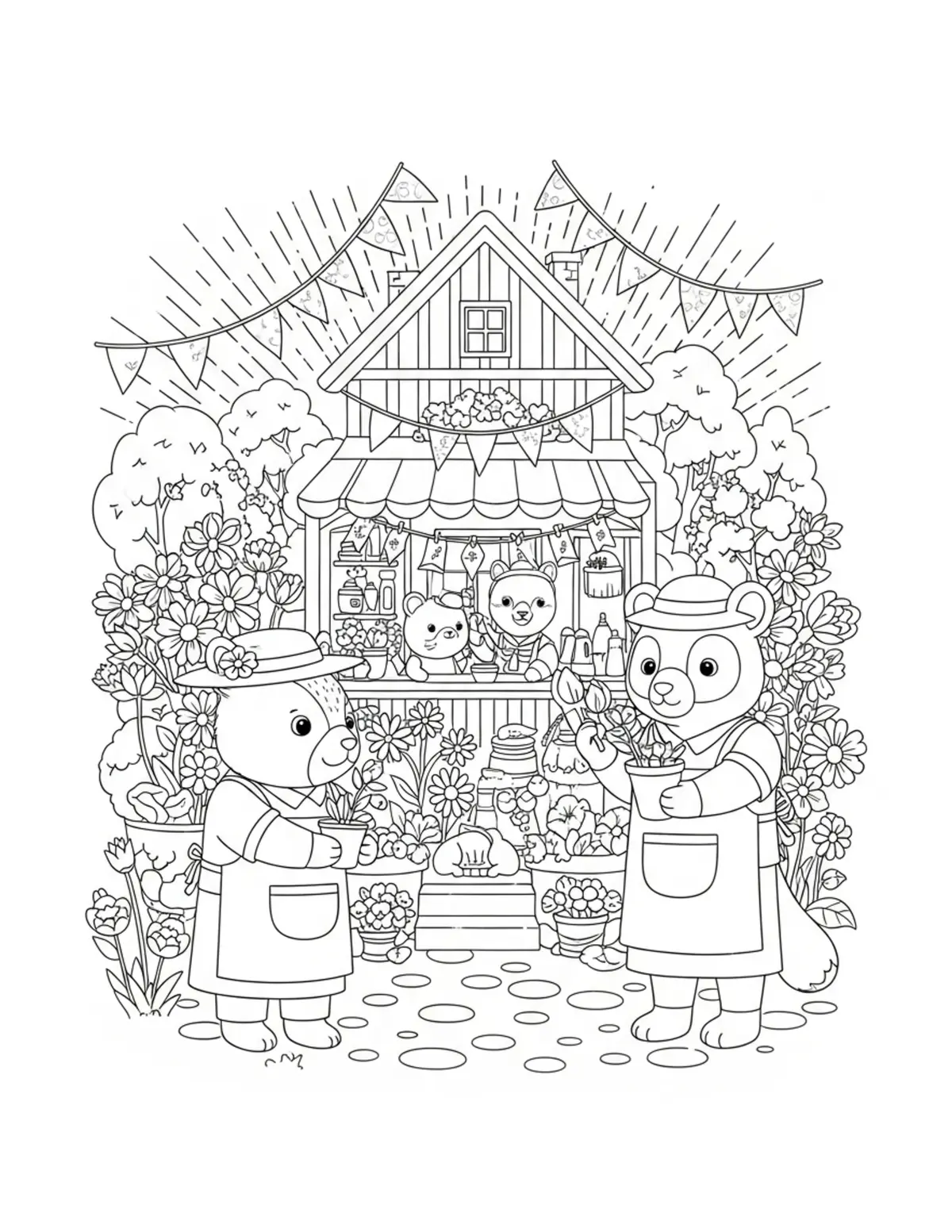 Animal Florists Decorating A F Coloring Page - free printable JPG featuring adorable tiny animal village scene