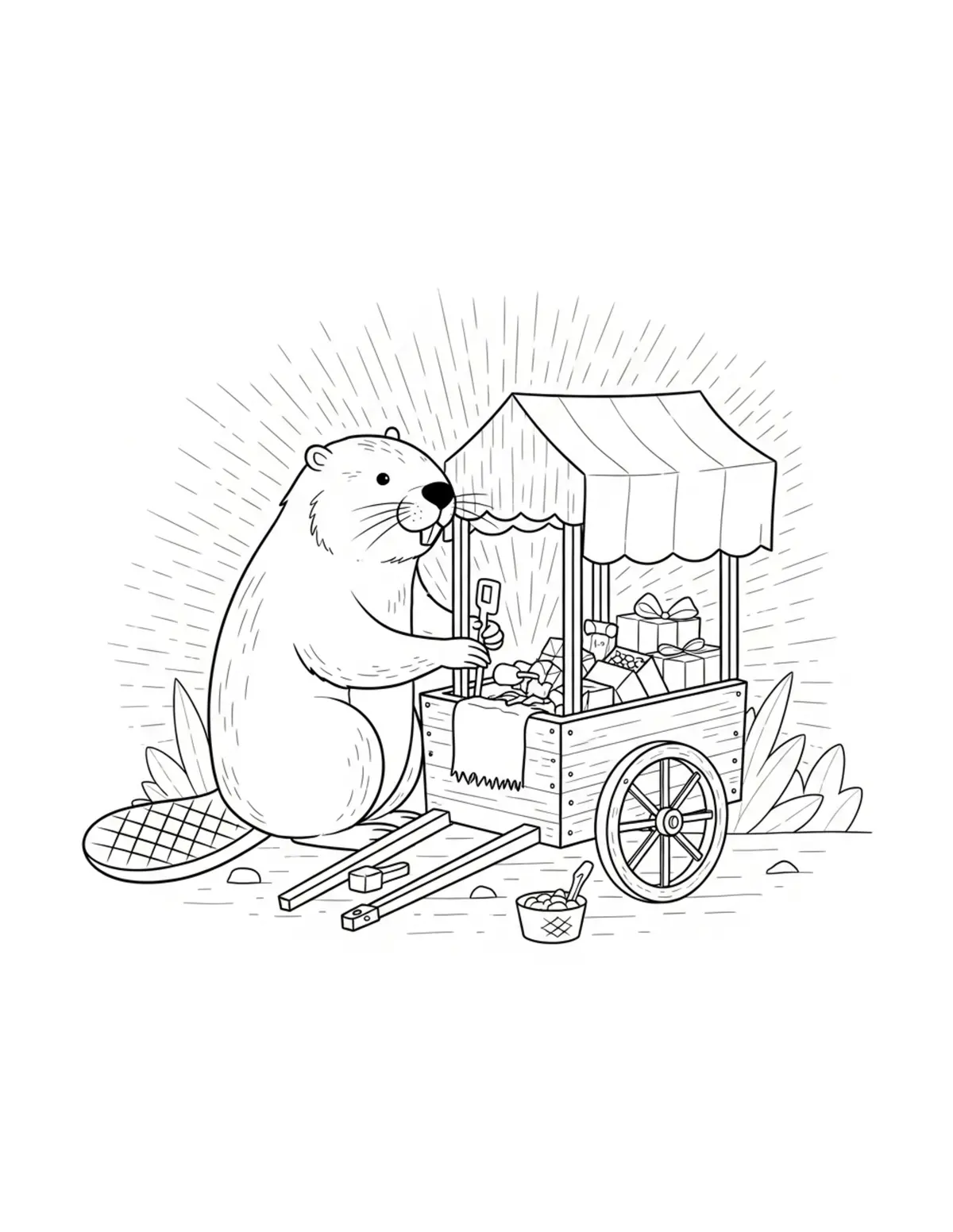 Beaver Crafting a Village Market Stall Coloring Page - free printable JPG featuring adorable woodland beaver