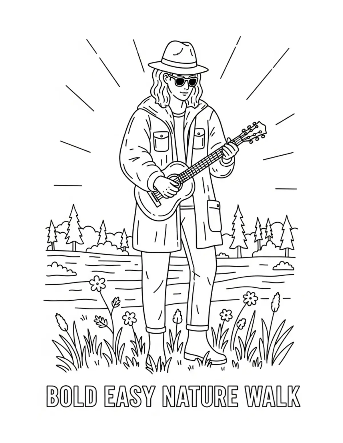 Free printable coloring page: bold-easy-nature-walk coloring page. Cute and cozy design for kids and adults to download and print.