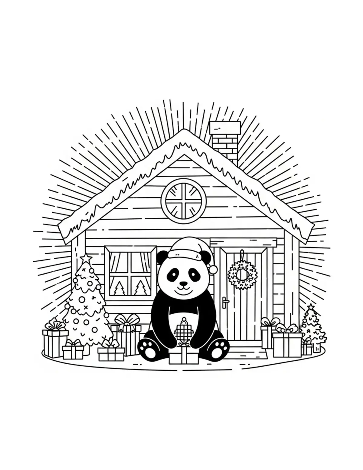 Free printable coloring page: christmas panda workshop coloring page. Cute and cozy design for kids and adults to download and print.