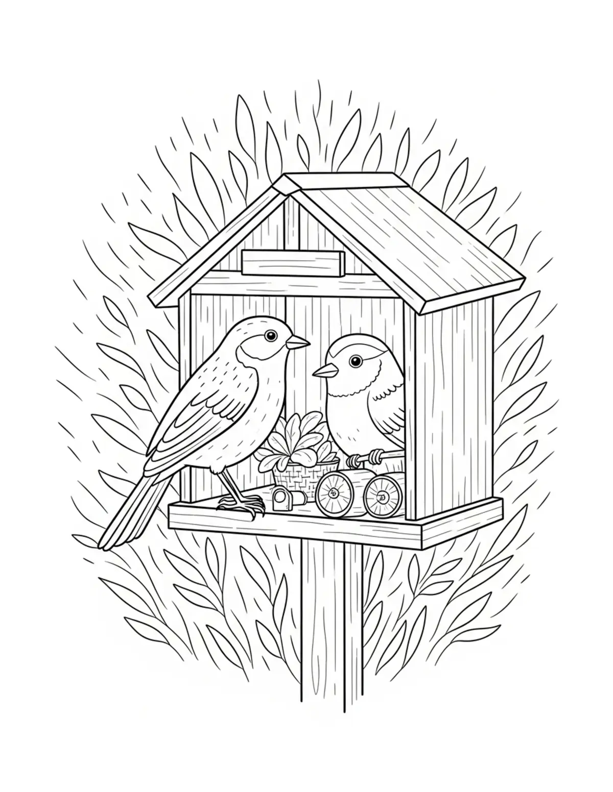 Free printable coloring page: cozy backyard bird watching coloring page. Cute and cozy summer design for kids and adults to download and print.