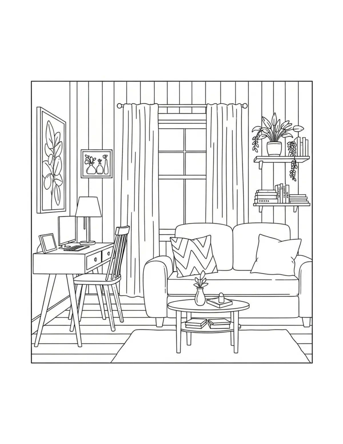 Free printable coloring page: cozy cottage inspiration room coloring page. Cute and cozy design for kids and adults to download and print.
