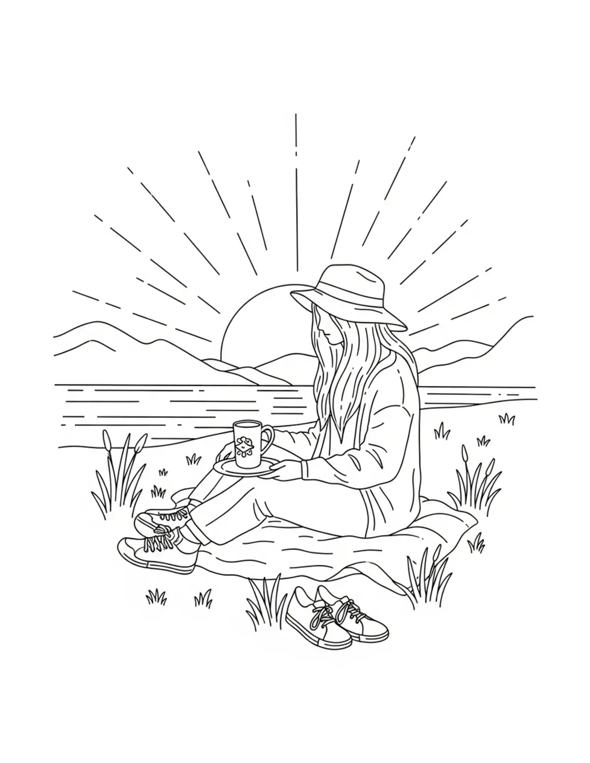 Free printable coloring page: cozy sunset picnic by lake coloring page. Cute and cozy summer design for kids and adults to download and print.