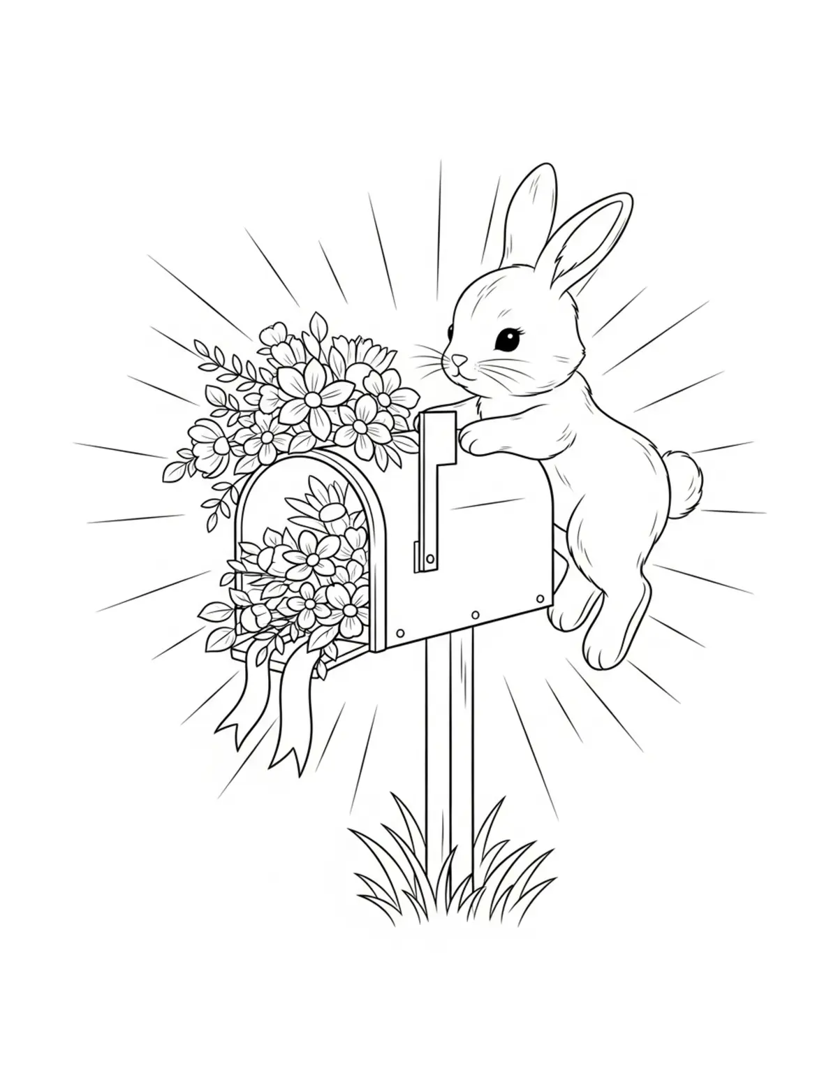 Cute Bunny Decorating A Villag Coloring Page - free printable JPG featuring adorable tiny animal village scene