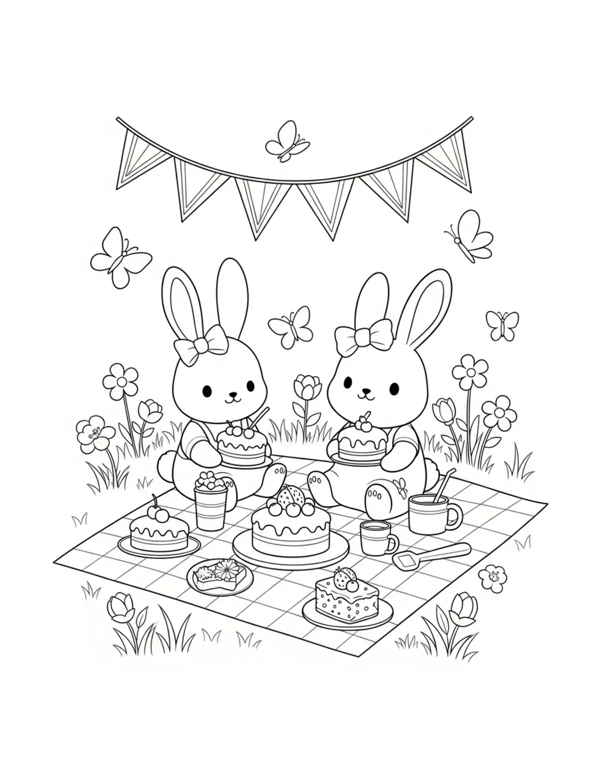Cute Bunny Picnic Party Colori — free printable cozy coloring coloring page for kids and adults