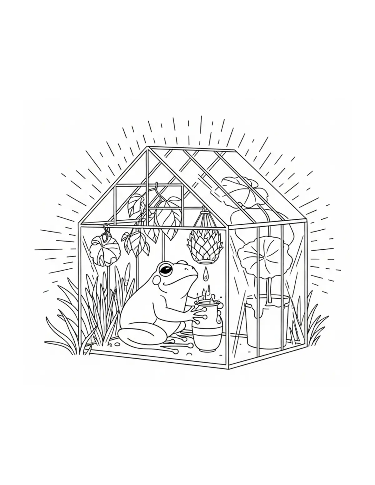 Frog Decorating a Rainwater Gr Coloring Page - free printable JPG featuring adorable woodland animals