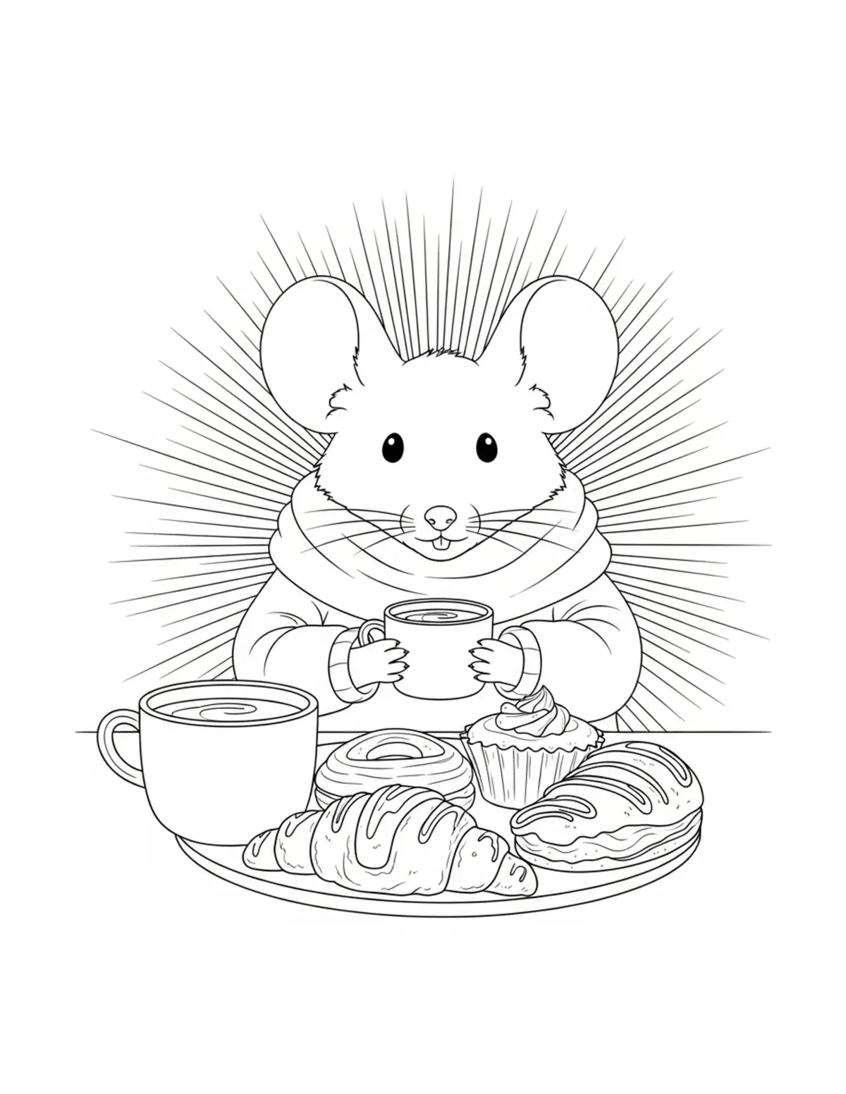 Mouse Enjoying A Cozy Breakfas Coloring Page - free printable JPG featuring adorable mouse bakery scenes