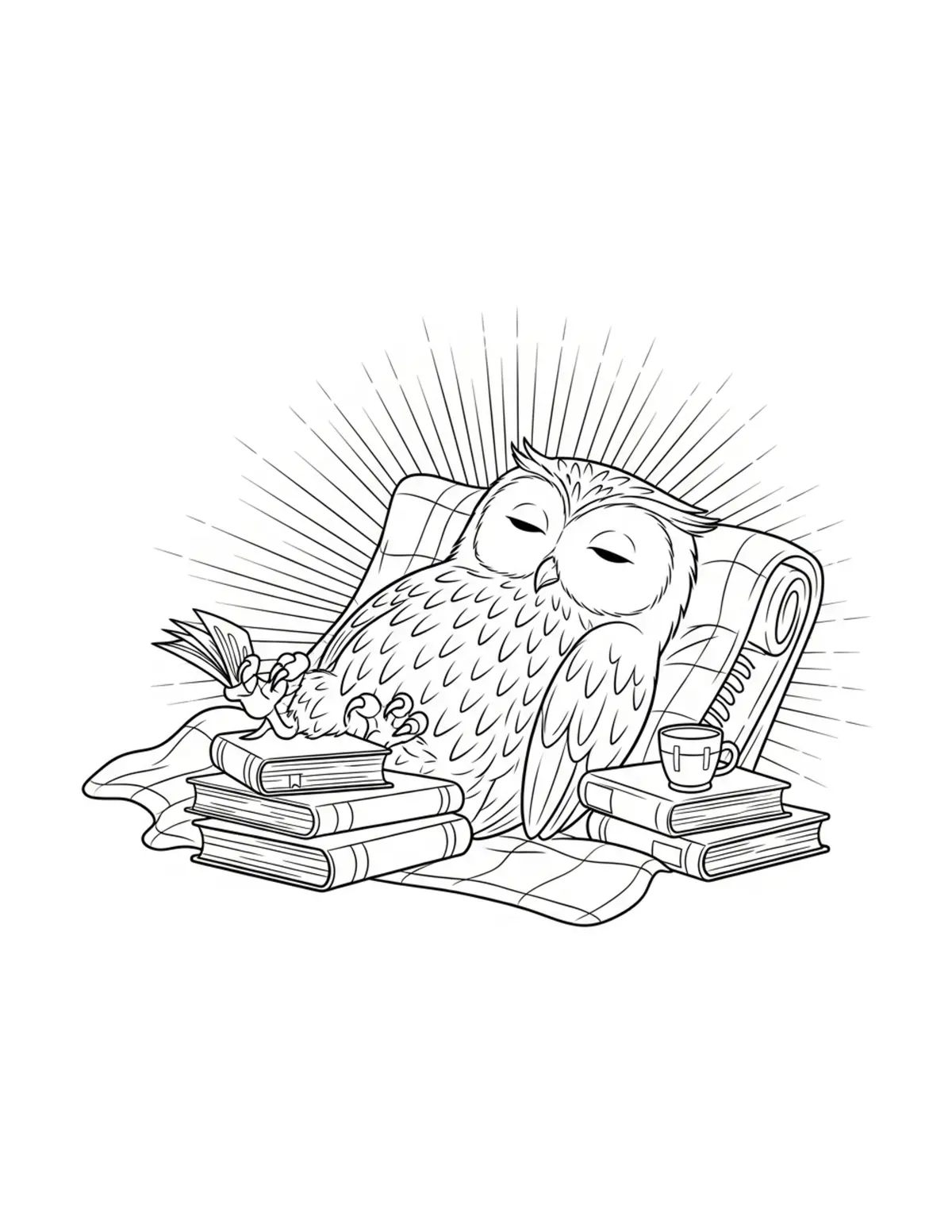 Owl Relaxing With Books And Bl Coloring Page - free printable JPG featuring adorable owl reading scenes
