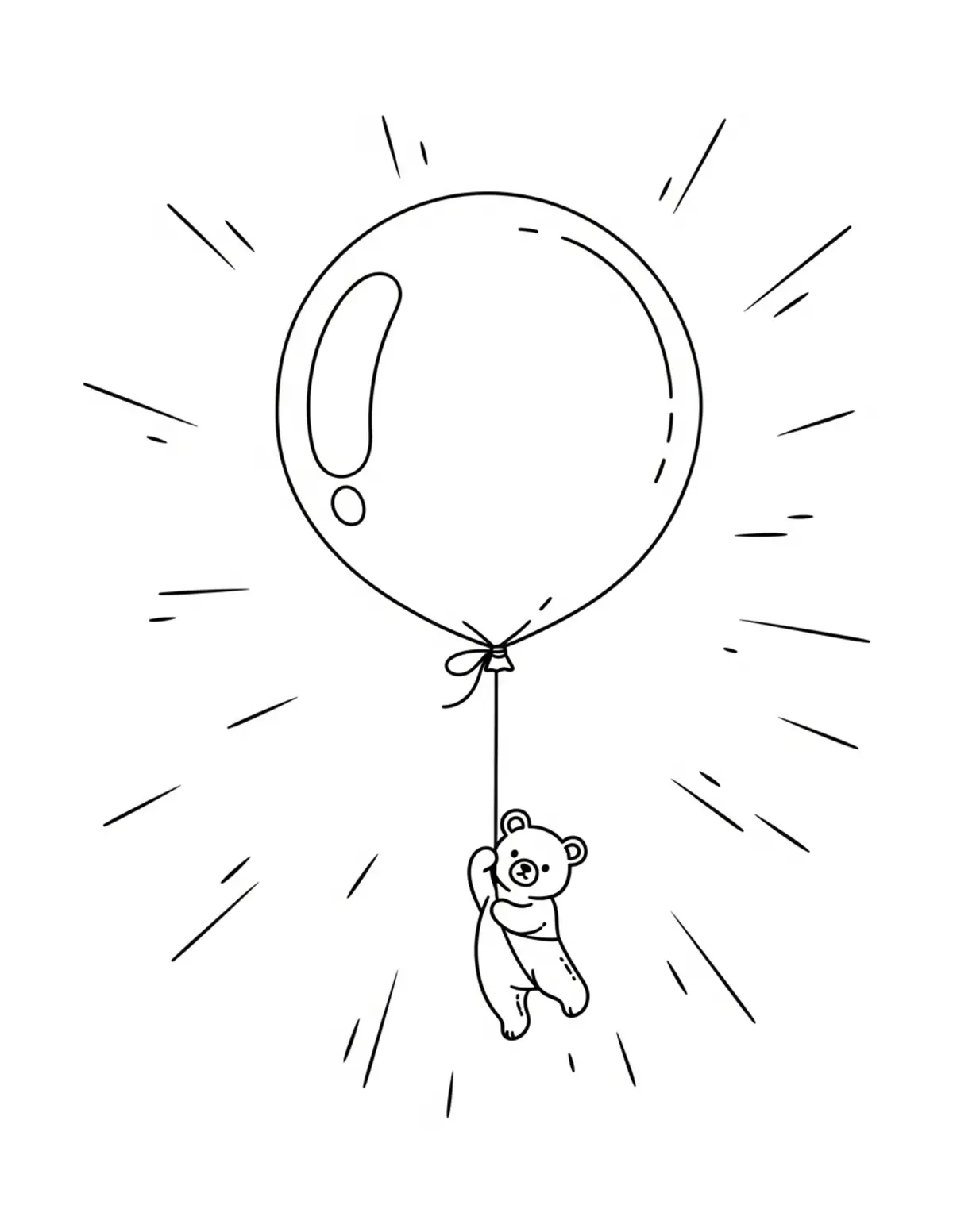 Free printable coloring page: tiny-bear-flying-a-giant-ballo coloring page. Cute and cozy design for kids and adults to download and print.