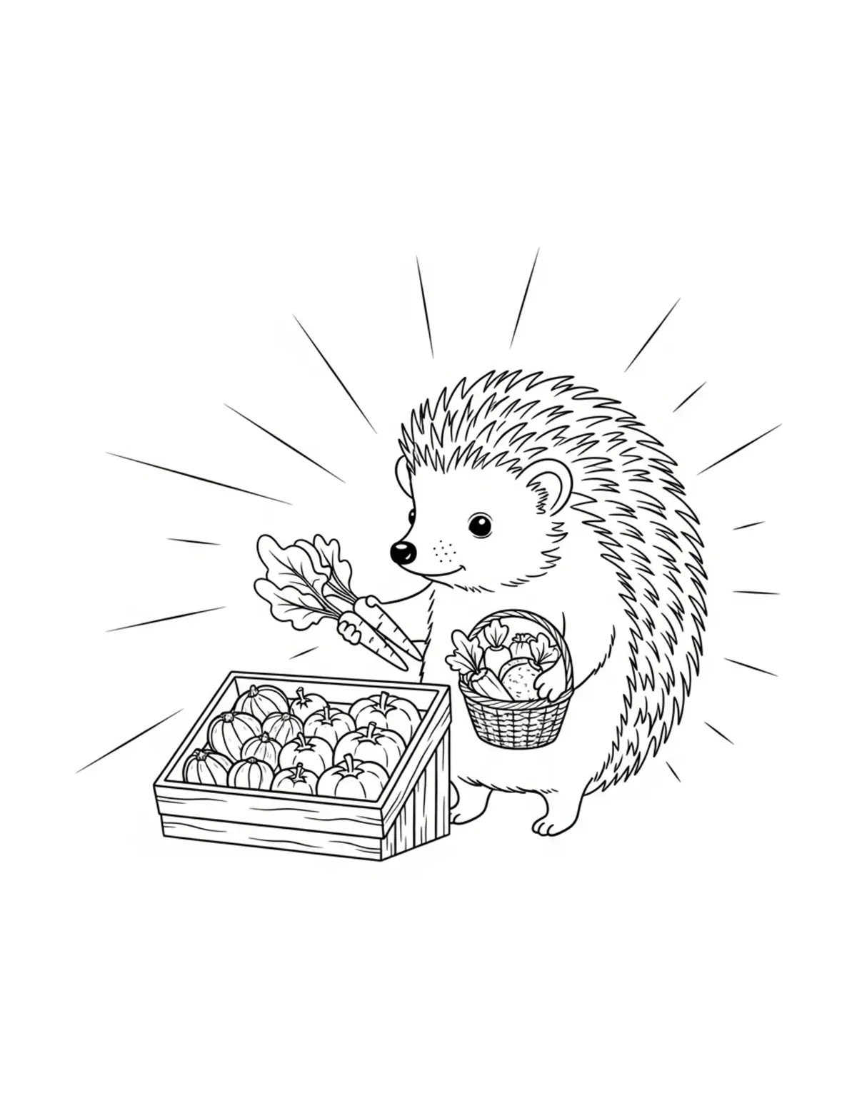 Free printable coloring page: tiny-hedgehog-selling-fresh-ve coloring page. Cute and cozy design for kids and adults to download and print.
