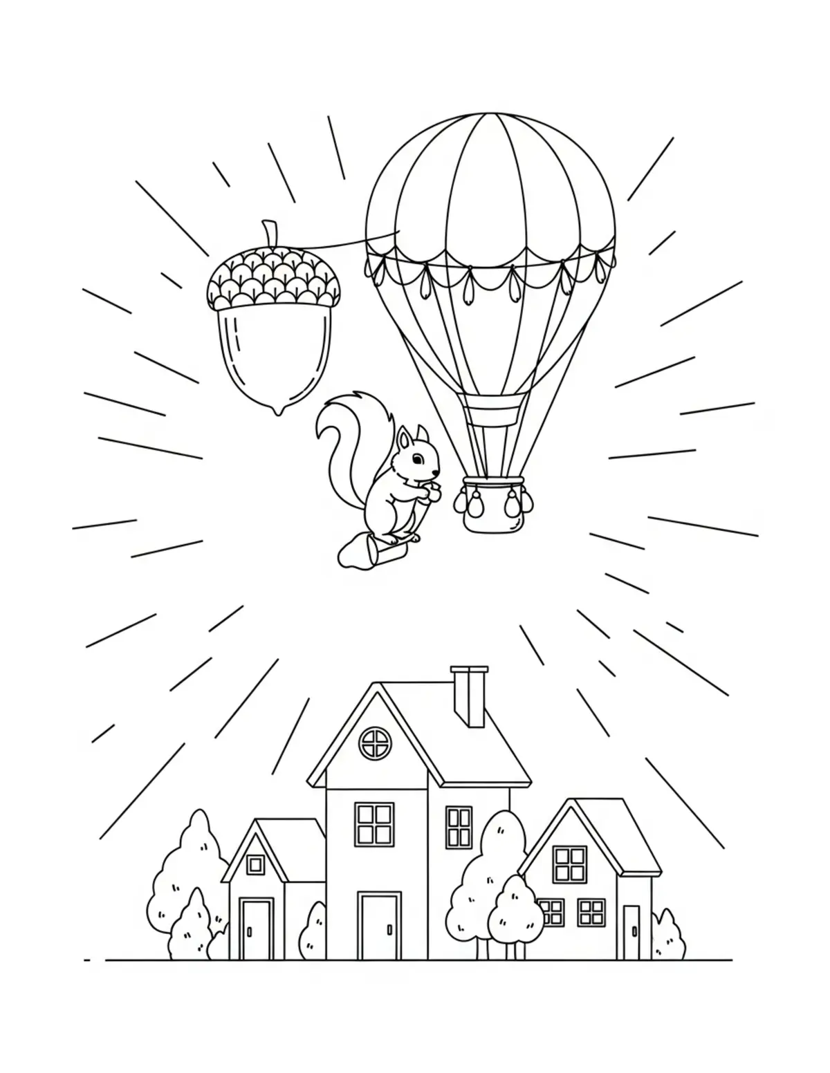 Free printable coloring page: tiny-squirrel-flying-an-acorn coloring page. Cute and cozy design for kids and adults to download and print.