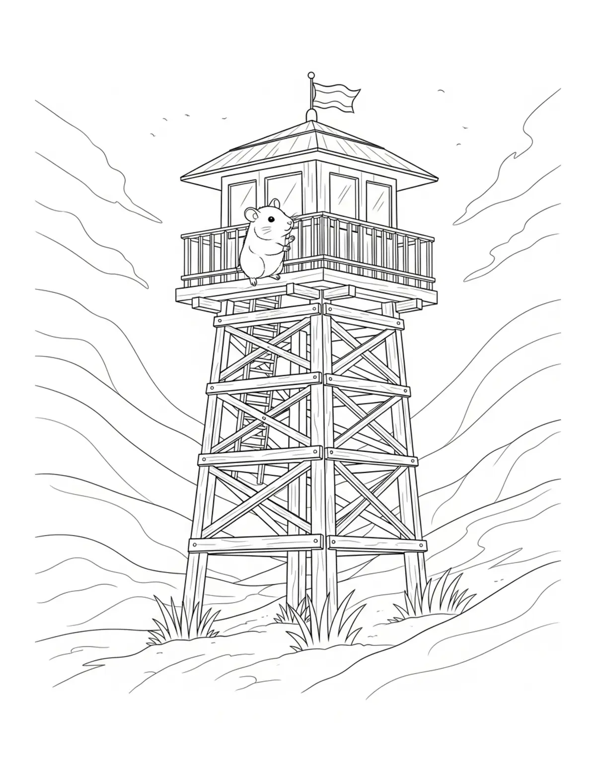 Tiny Hamster Exploring A Woode Coloring Page - free printable JPG featuring adorable tiny animal village scene