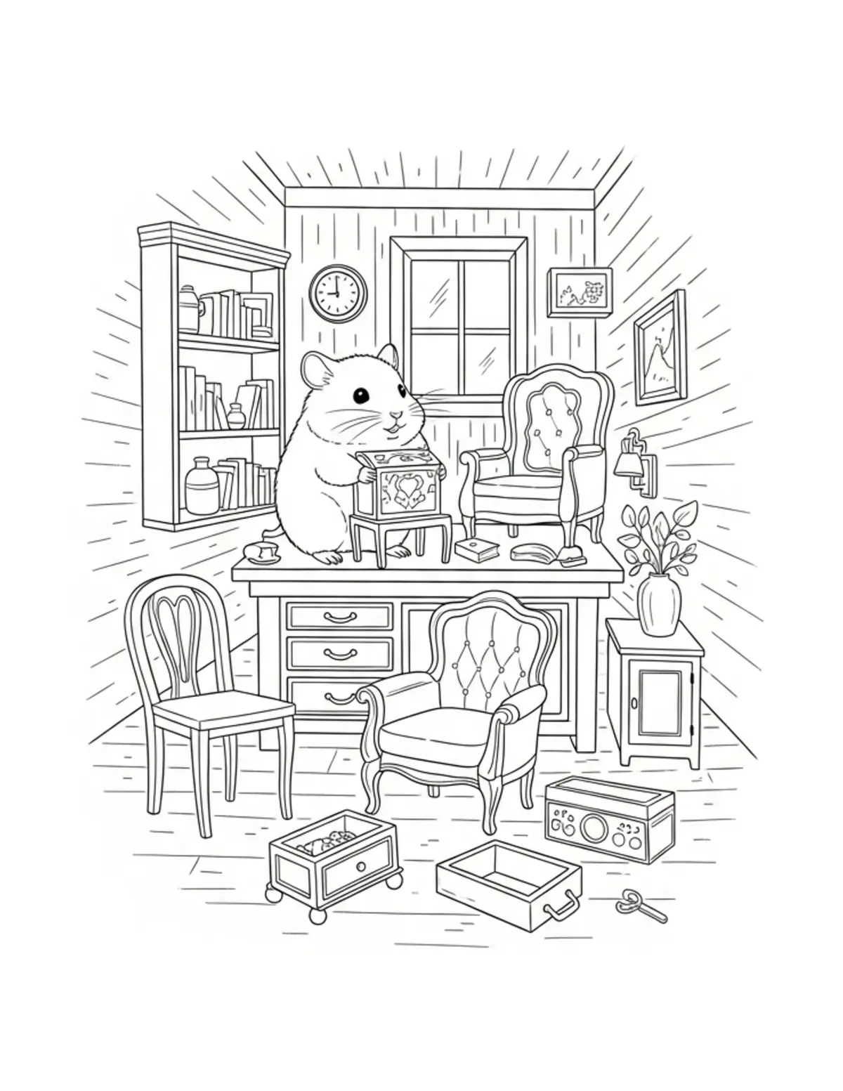 Tiny Hamster Organizing Antiqu Coloring Page - free printable JPG featuring adorable tiny animal village scene